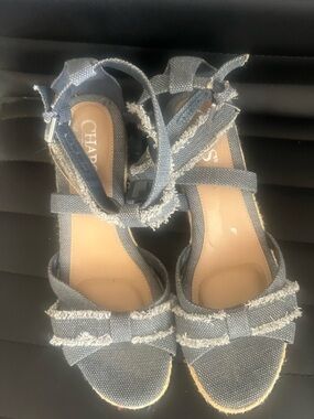 Chaps Denim-Style Frayed Espadrille Wedge Sandals - Navy